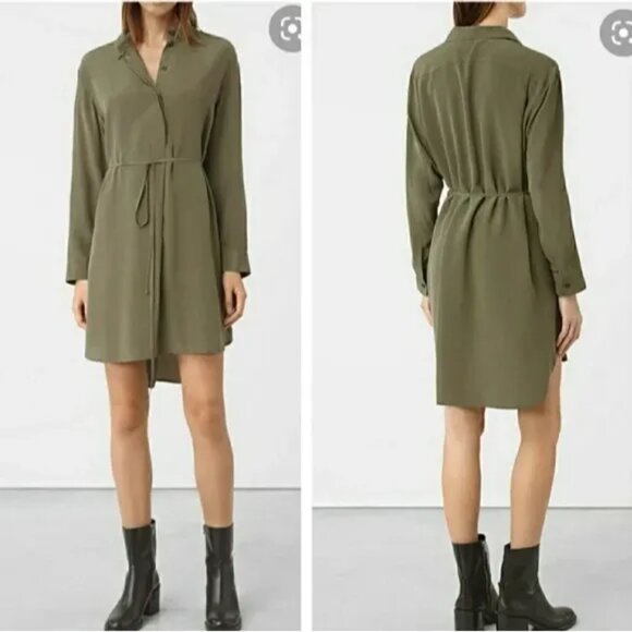 AllSaints Dresses & Skirts - AllSaints Alex Silk Shirt Tunic Dress Olive Green Black Applique UK 10 US 6